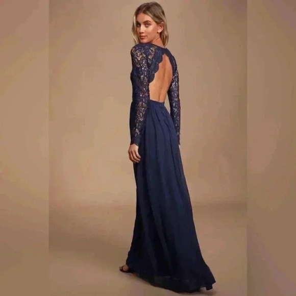 Lulus Maxi Dress Lace Long Sleeve V-Neck Formal Wedding Navy Blue Women's XS - Picture 10 of 10